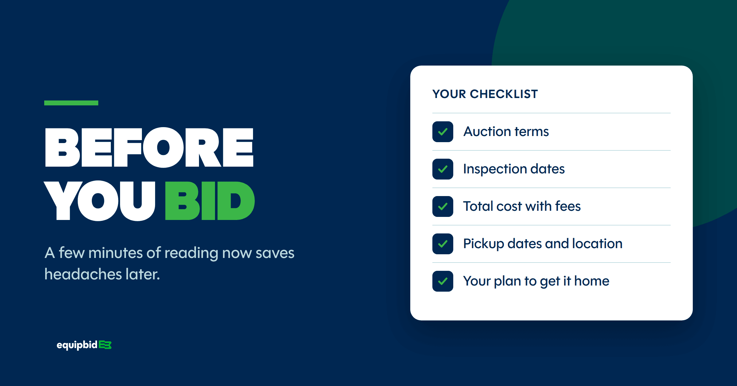 Checklist for bidding on auctions, covering forms, inspection, costs, pickup, and transport plans.