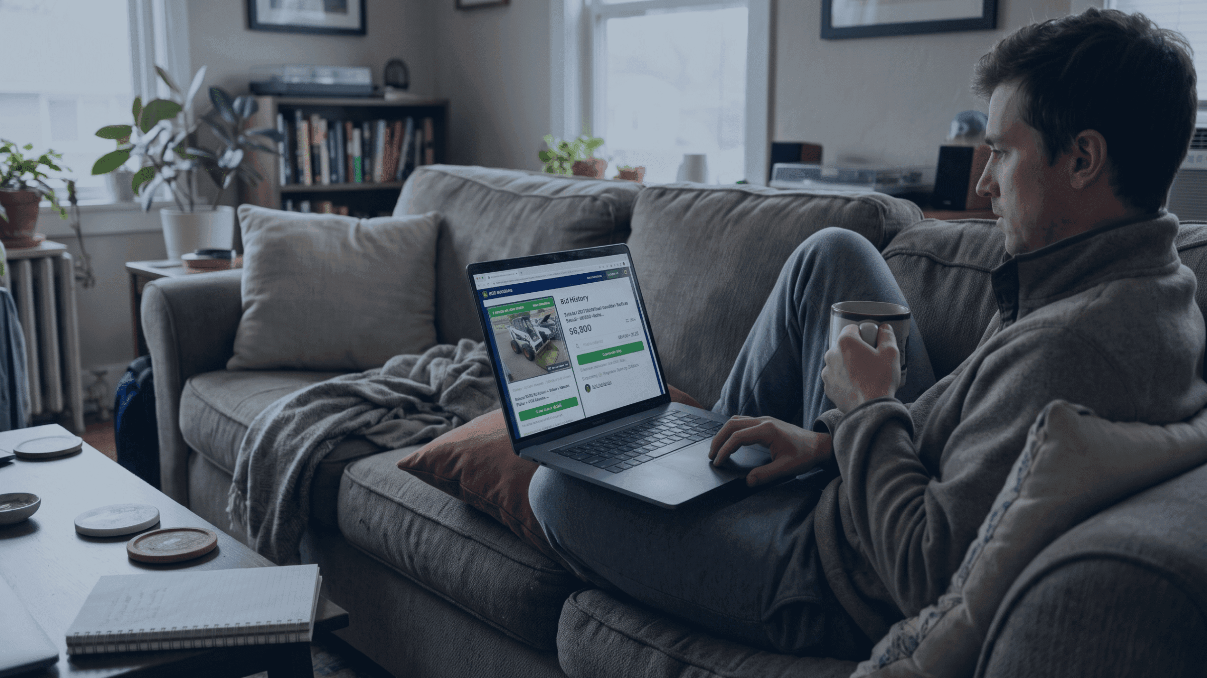 Man on sofa shopping online with laptop and credit card, holding a cup.