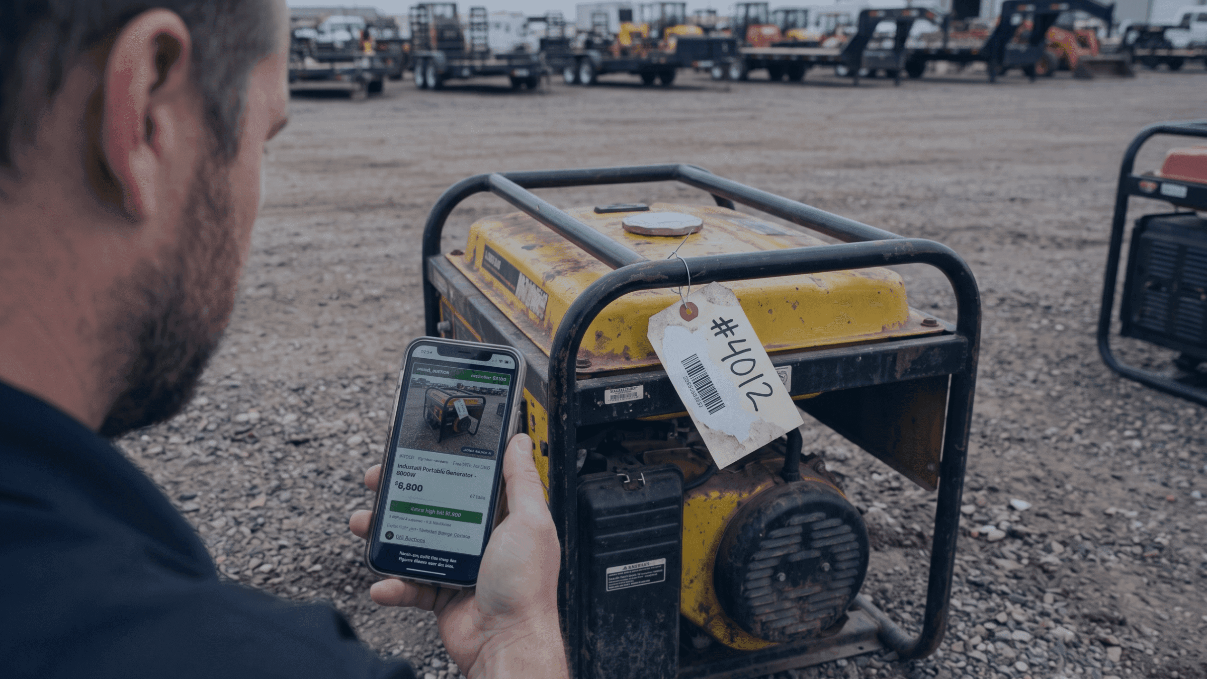 Man uses smartphone to inspect a yellow portable generator with a tag #4012.
