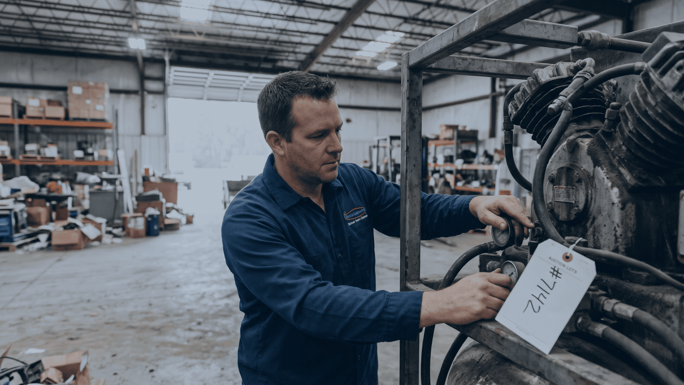 Technician inspecting industrial machinery, holding a tag labeled #7142 in a warehouse.