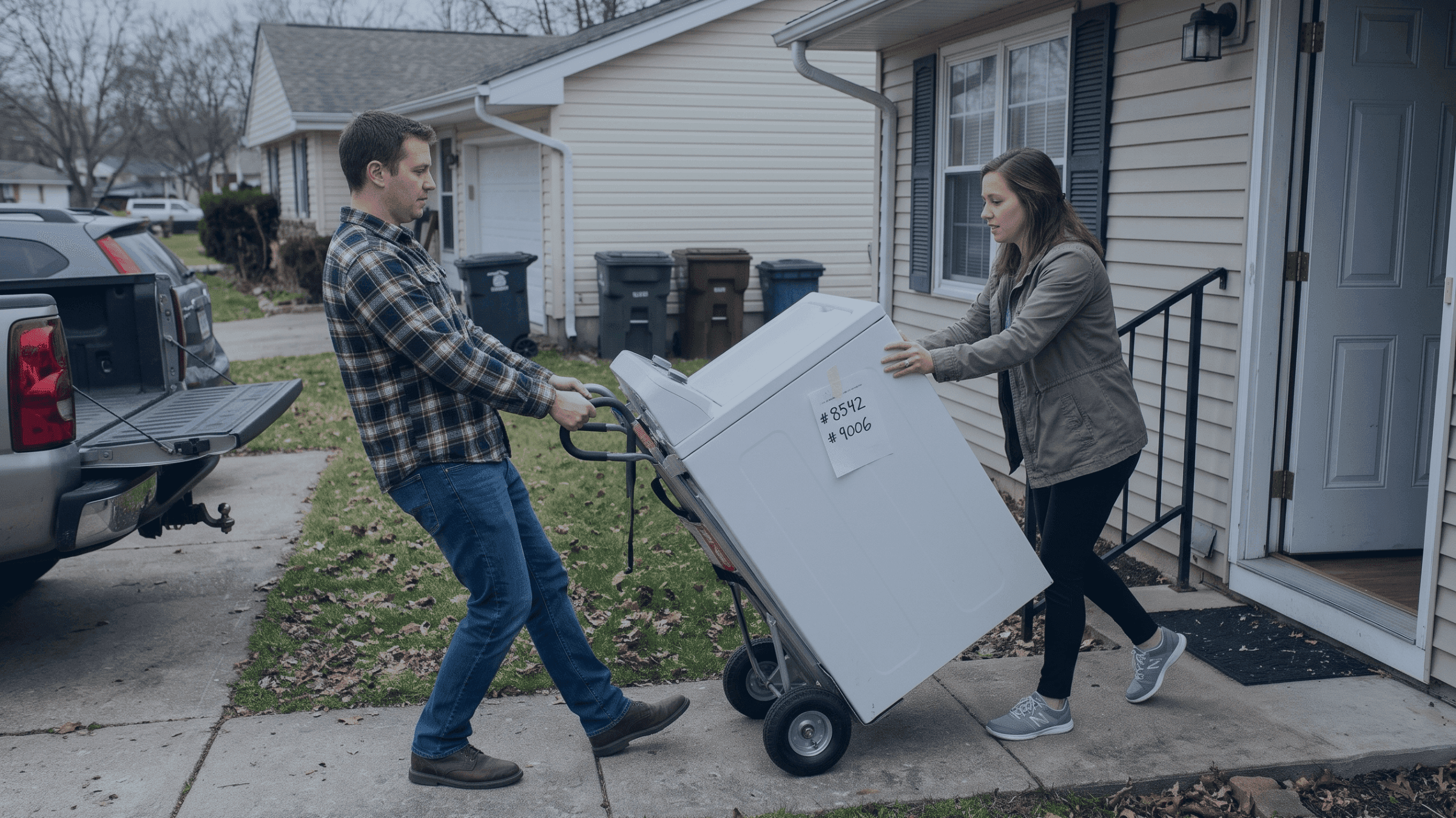 Man and woman move a large white appliance on a hand truck.