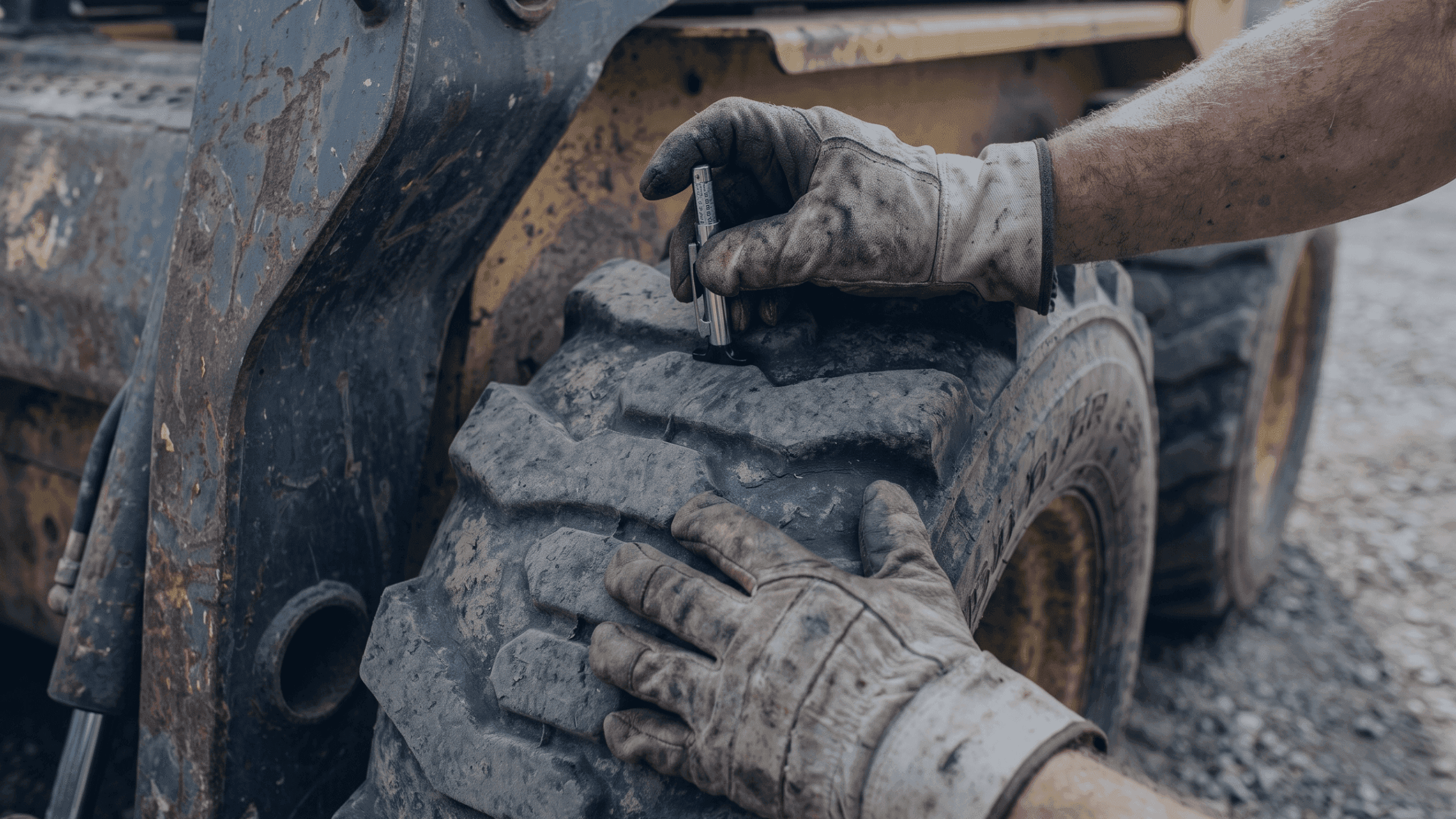 A worker in dirty gloves inspects a large, rugged tire on a yellow construction vehicle.