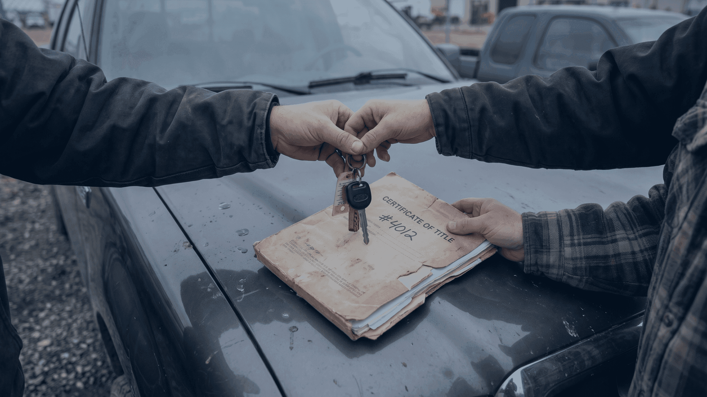 Hands exchanging car keys over vehicle documents with a car in the background.