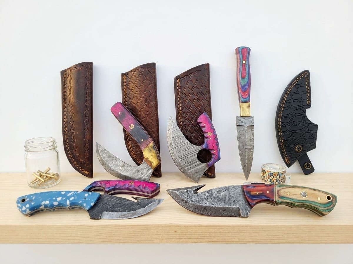 Collection of handcrafted knives with colorful handles and leather sheaths displayed on a shelf.