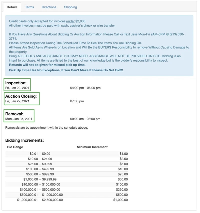 Auction details section screenshot