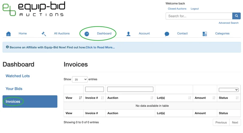 Winning bidder invoice dashboard screenshot