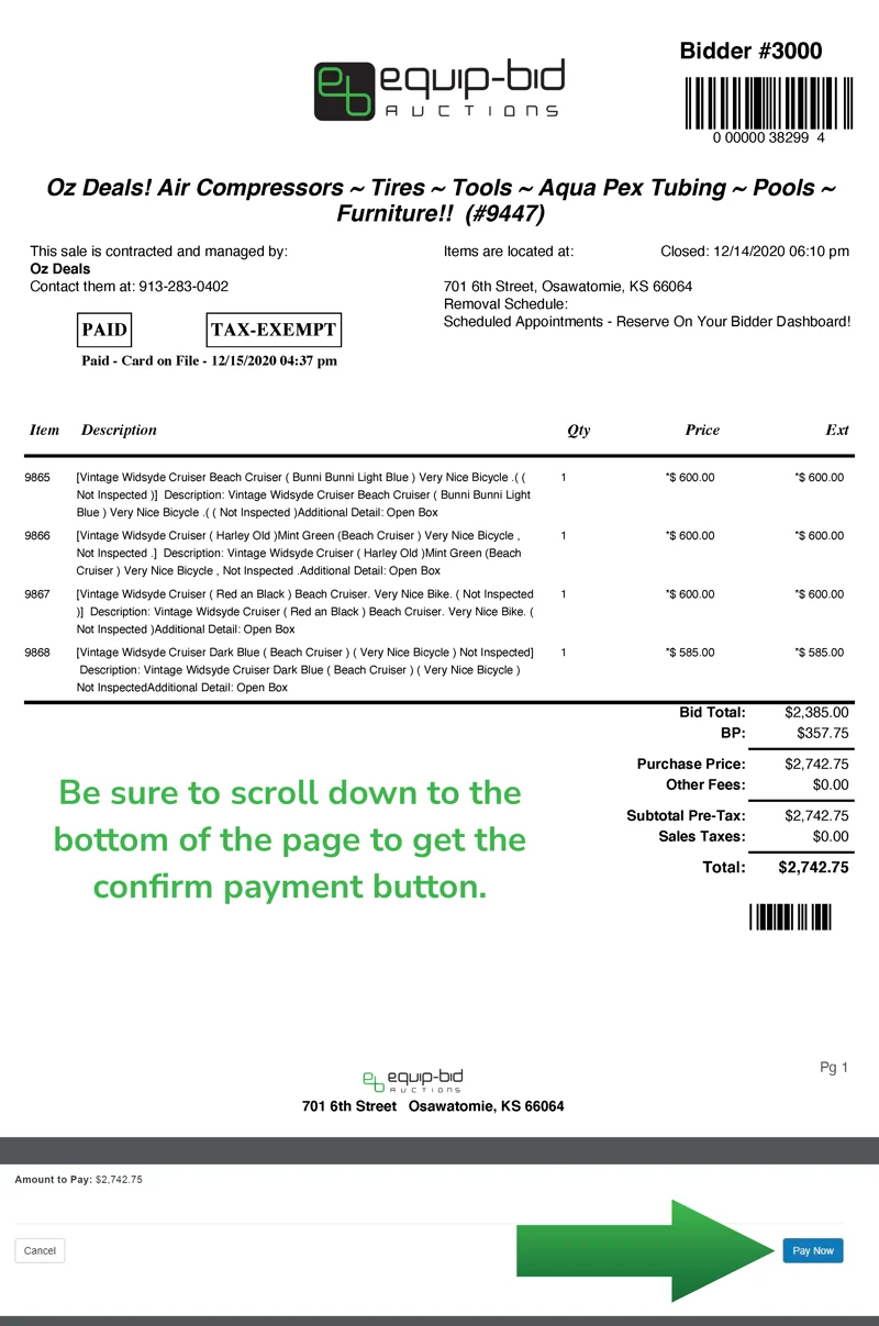 Checkout page with invoice total screenshot