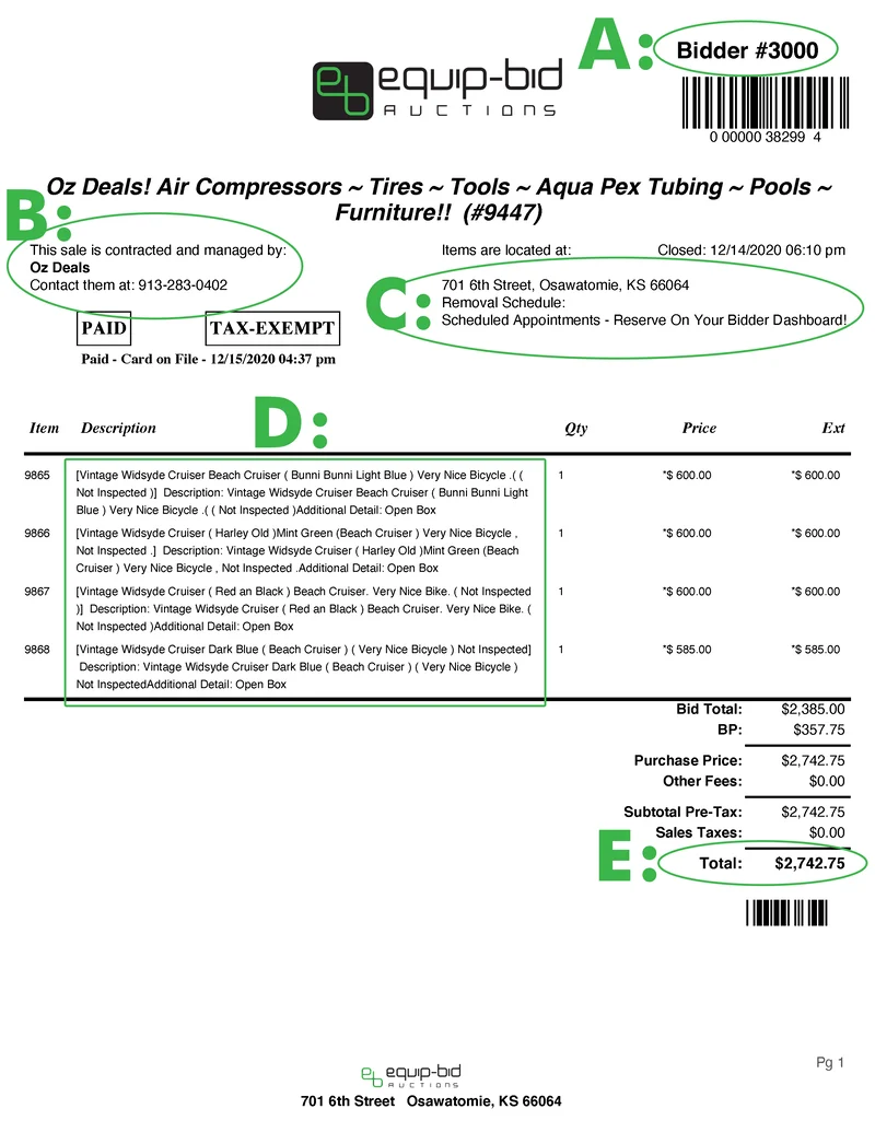 Sample invoice with labeled sections A through E