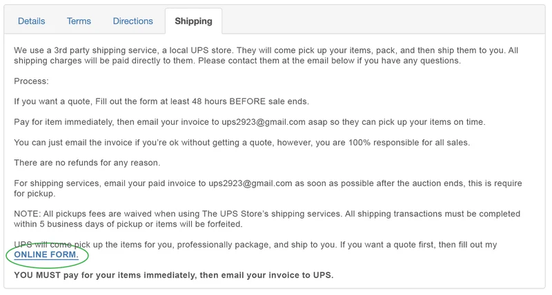 UPS third-party shipping form screenshot