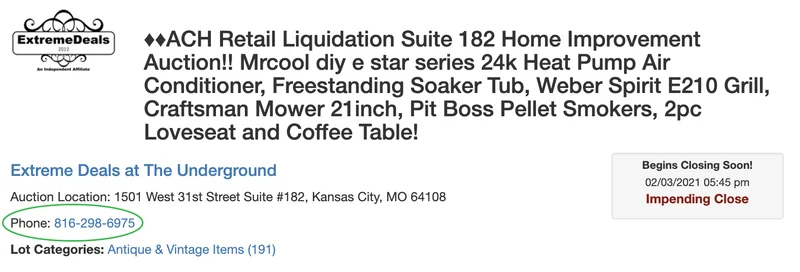 Affiliate contact number on auction page screenshot