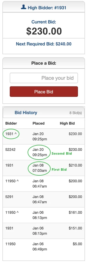 Same bid price example showing bidder 1931 in the lead over bidder 52242