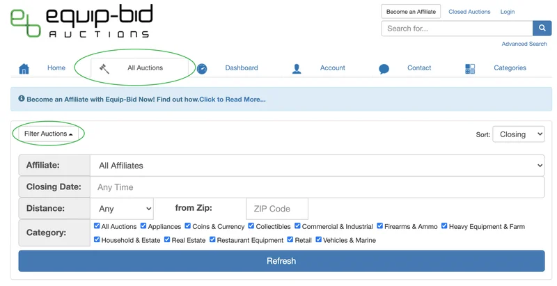 Filter Auctions drop-down screenshot