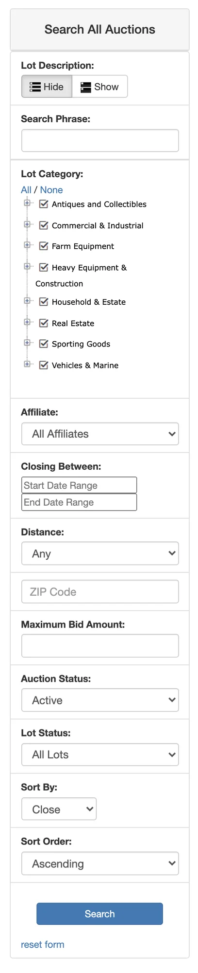 Search All Auctions form screenshot