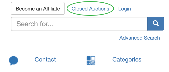 Closed auctions link in upper right corner of website screenshot