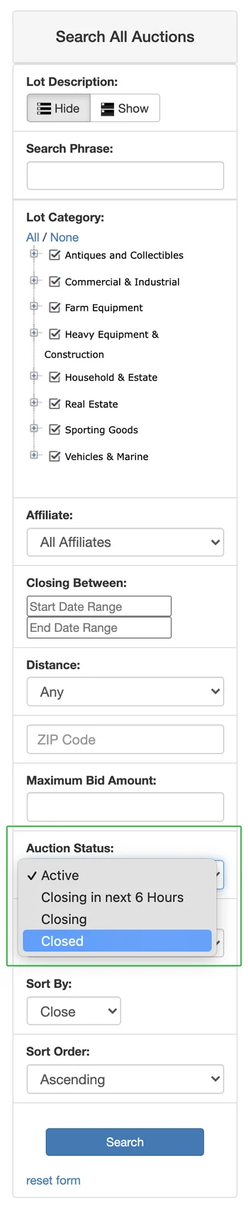 Advanced Search menu with Auction Status set to Closed screenshot
